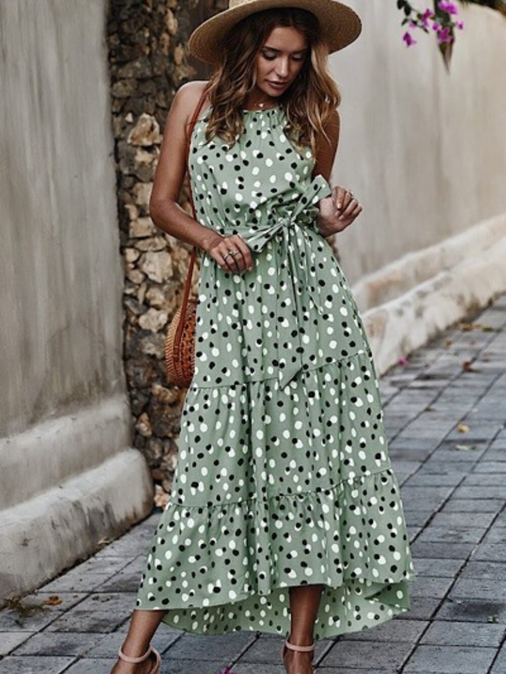 B49 Polka Dot Halter Dress Green NEW